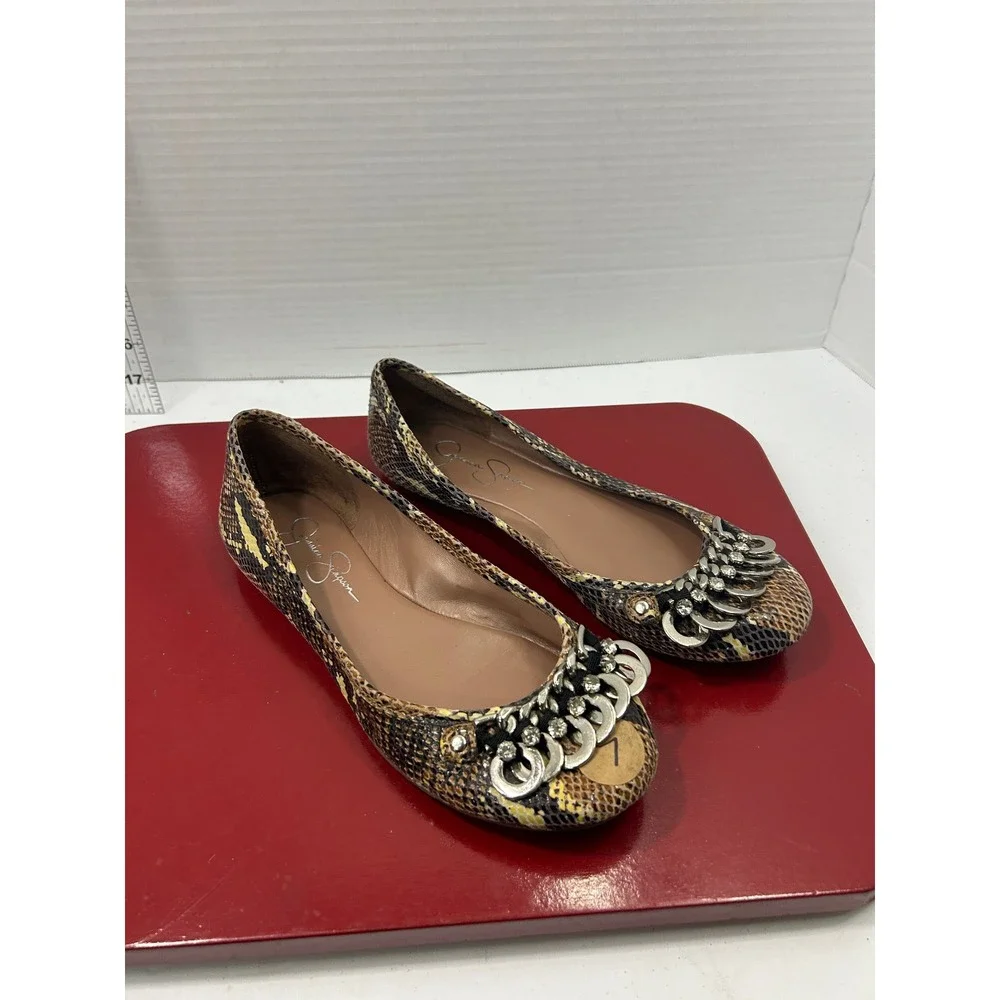 Jessica Simpson Snakeskin Ballet Flat 7B Brown Yellow Chain Rhinestone Glam Edgy
